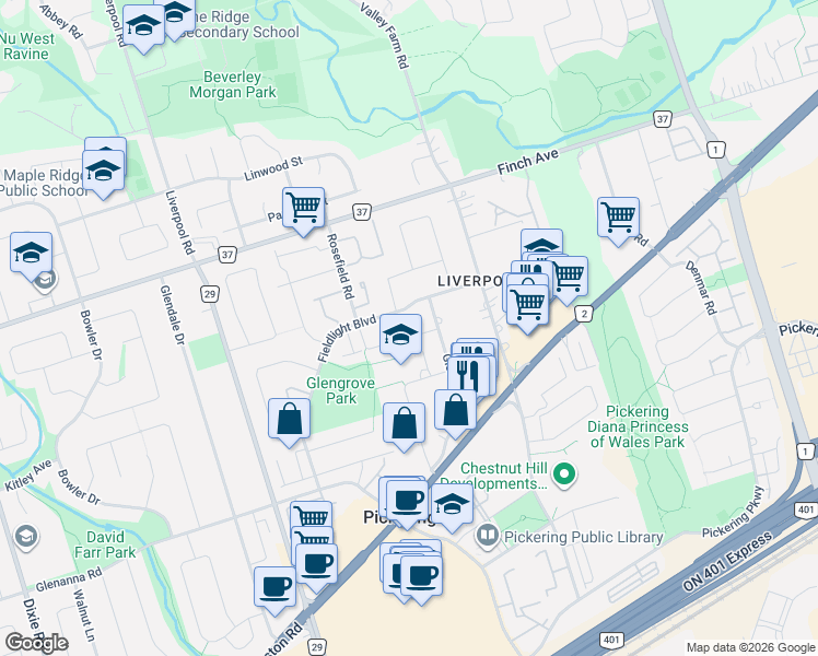 map of restaurants, bars, coffee shops, grocery stores, and more near 1887 Rosefield Road in Pickering