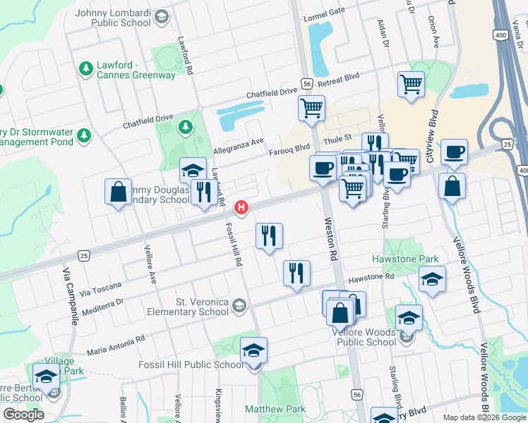 map of restaurants, bars, coffee shops, grocery stores, and more near 3865 Major Mackenzie Drive West in Vaughan