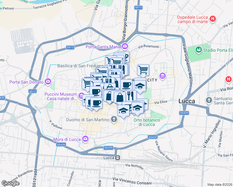 map of restaurants, bars, coffee shops, grocery stores, and more near 27 Via Sant'Andrea in Lucca