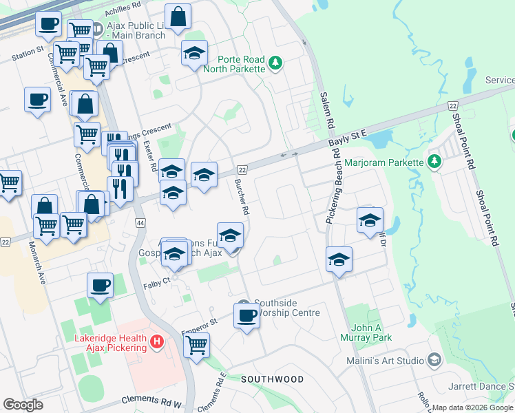 map of restaurants, bars, coffee shops, grocery stores, and more near 60 Billingsgate Crescent in Ajax