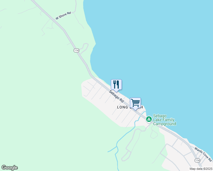 map of restaurants, bars, coffee shops, grocery stores, and more near 61 Sebago Road in Sebago