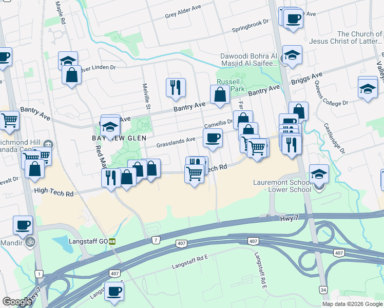 map of restaurants, bars, coffee shops, grocery stores, and more near 25 Ferris Street in Richmond Hill