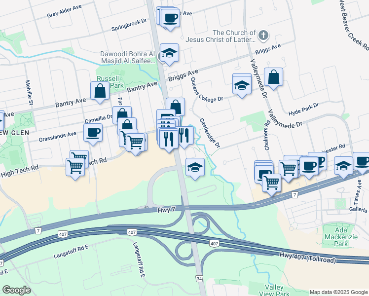 map of restaurants, bars, coffee shops, grocery stores, and more near Creswick Road in Richmond Hill