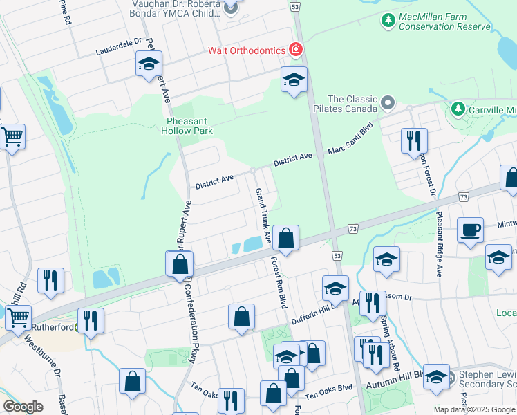 map of restaurants, bars, coffee shops, grocery stores, and more near 60 Grand Trunk Avenue in Vaughan
