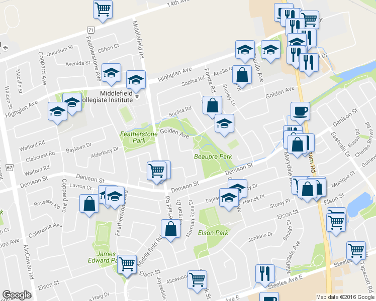 map of restaurants, bars, coffee shops, grocery stores, and more near 261 Doubtfire Crescent in Markham