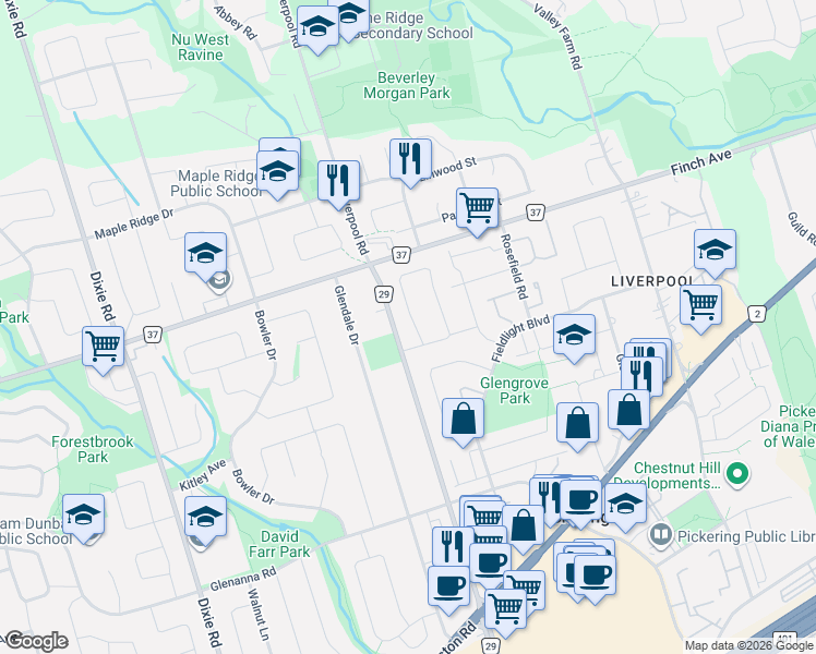 map of restaurants, bars, coffee shops, grocery stores, and more near 1457 Anton Square in Pickering