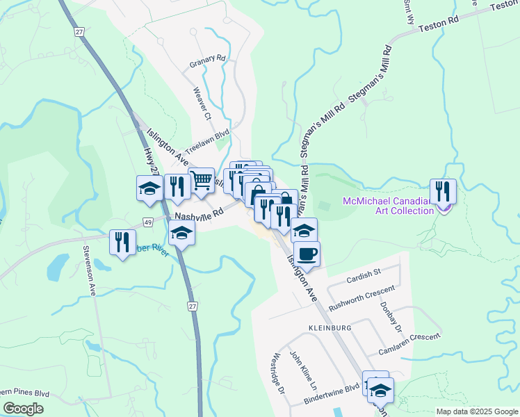 map of restaurants, bars, coffee shops, grocery stores, and more near 10499 Islington Avenue in Vaughan