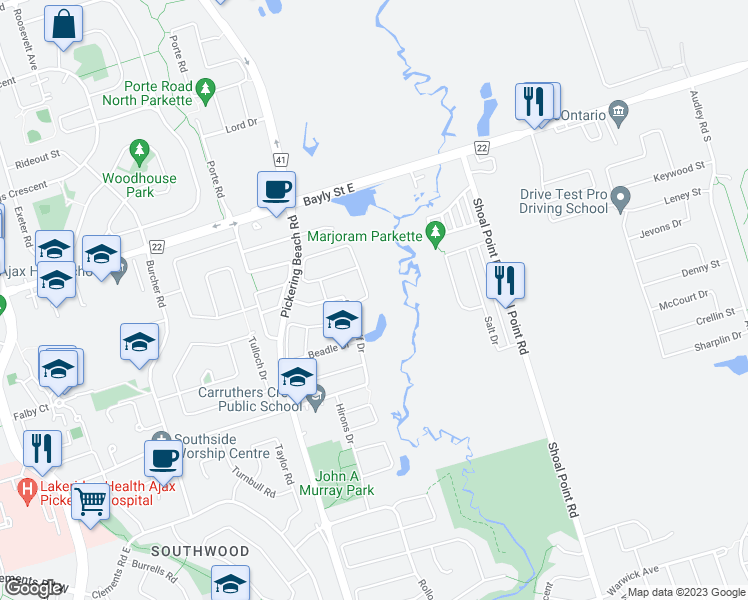 map of restaurants, bars, coffee shops, grocery stores, and more near 21 Angier Crescent in Ajax