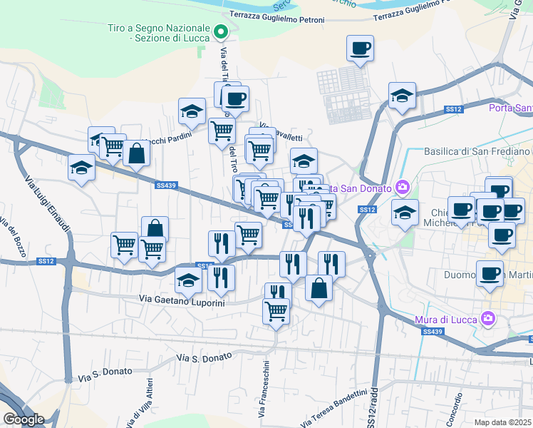 map of restaurants, bars, coffee shops, grocery stores, and more near 218 Viale Giacomo Puccini in Lucca