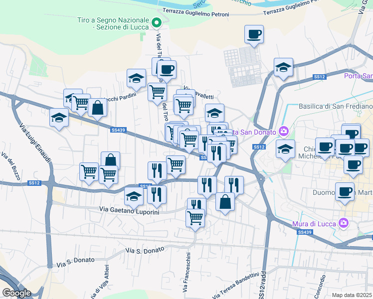 map of restaurants, bars, coffee shops, grocery stores, and more near 218 Viale Giacomo Puccini in Lucca