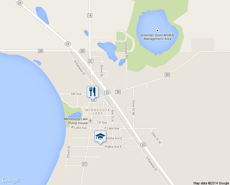 map of restaurants, bars, coffee shops, grocery stores, and more near 411 Water Street in Minnesota Lake