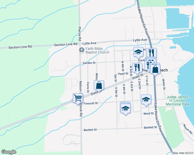 map of restaurants, bars, coffee shops, grocery stores, and more near 149 Whitcomb Street in Harbor Beach