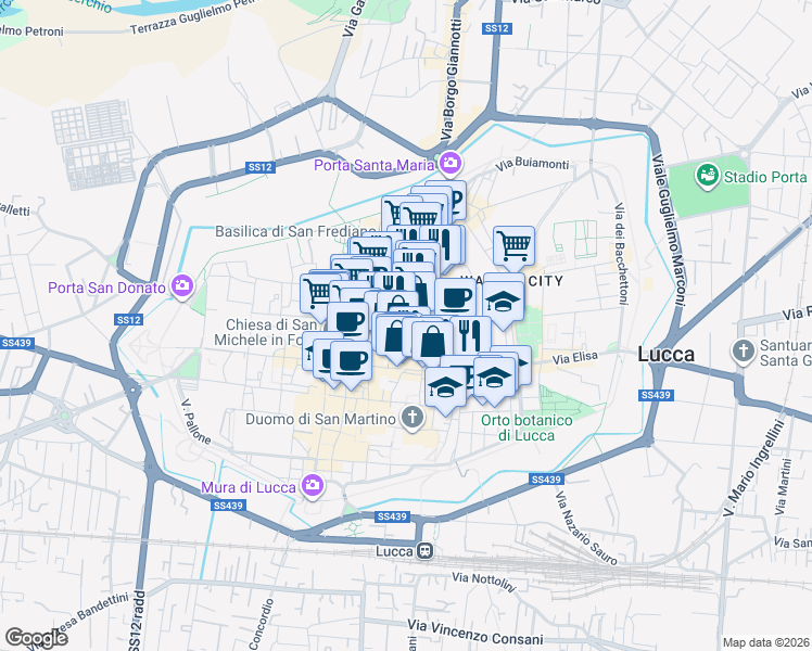 map of restaurants, bars, coffee shops, grocery stores, and more near 27 Via Sant'Andrea in Lucca