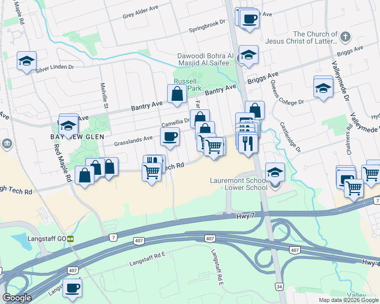 map of restaurants, bars, coffee shops, grocery stores, and more near 15 Magenta Street in Richmond Hill