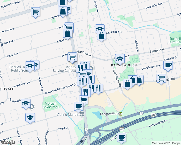 map of restaurants, bars, coffee shops, grocery stores, and more near 35 Beresford Drive in Richmond Hill