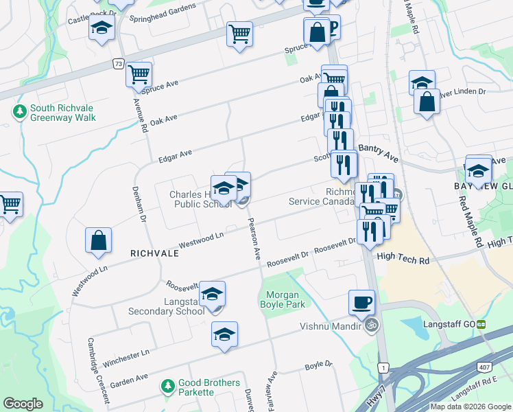 map of restaurants, bars, coffee shops, grocery stores, and more near 37 Mackay Drive in Richmond Hill