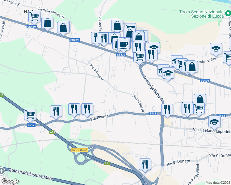 map of restaurants, bars, coffee shops, grocery stores, and more near 449 Via del Bozzo in Lucca