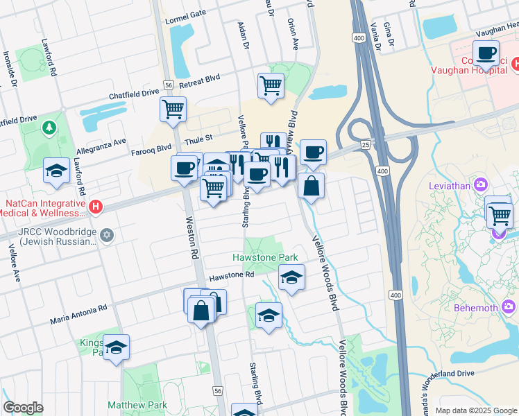 map of restaurants, bars, coffee shops, grocery stores, and more near Sedgeway Heights in Vaughan
