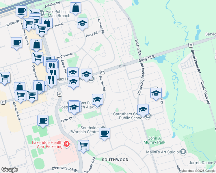 map of restaurants, bars, coffee shops, grocery stores, and more near 58 Billingsgate Crescent in Ajax