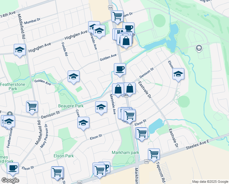 map of restaurants, bars, coffee shops, grocery stores, and more near 7200 Markham Road in Markham