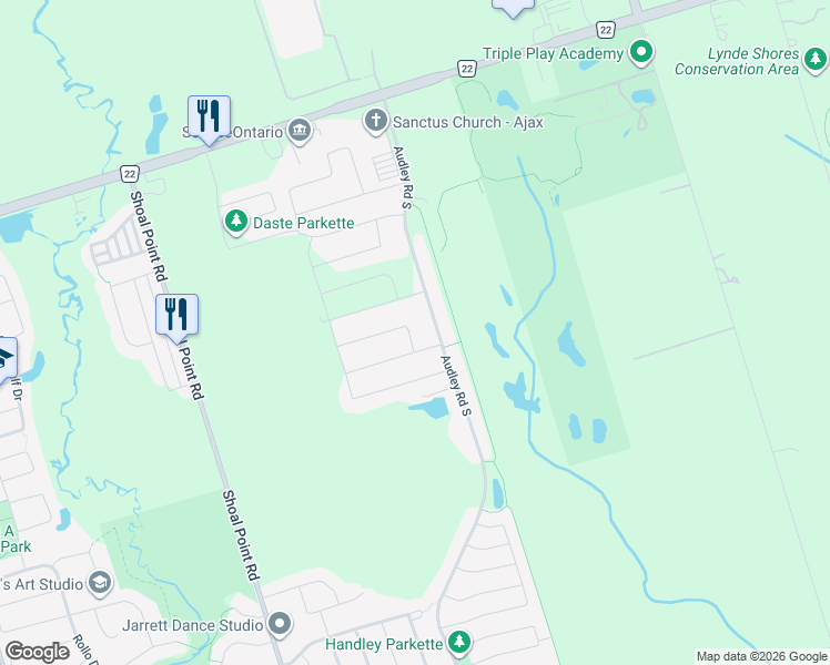 map of restaurants, bars, coffee shops, grocery stores, and more near 54 McCourt Drive in Ajax