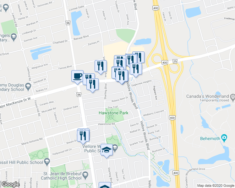 map of restaurants, bars, coffee shops, grocery stores, and more near 43 Sedgeway Heights in Vaughan