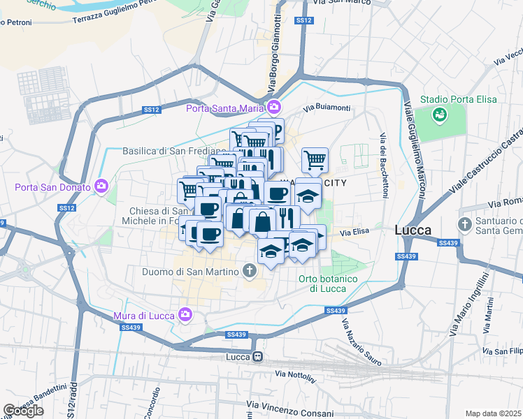 map of restaurants, bars, coffee shops, grocery stores, and more near 5 Piazza San Gregorio in Lucca