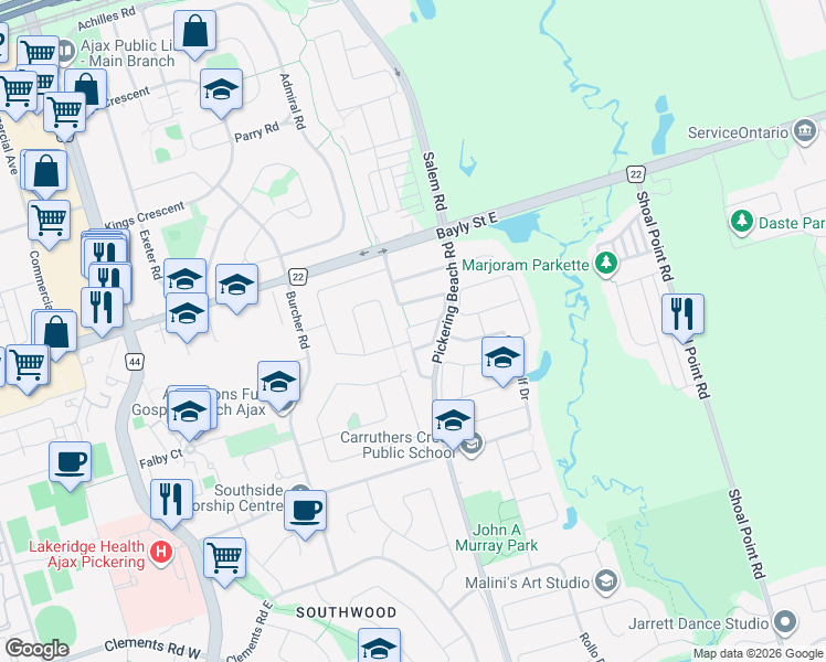 map of restaurants, bars, coffee shops, grocery stores, and more near 21 Hickman Road in Ajax