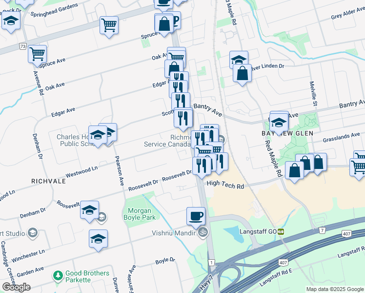 map of restaurants, bars, coffee shops, grocery stores, and more near 8874 Yonge Street in Richmond Hill