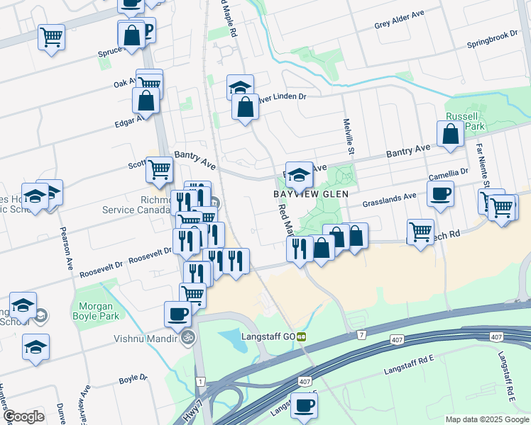 map of restaurants, bars, coffee shops, grocery stores, and more near 5 Oneida Crescent in Richmond Hill