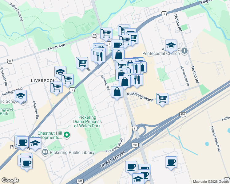 map of restaurants, bars, coffee shops, grocery stores, and more near 1915 Denmar Road in Pickering