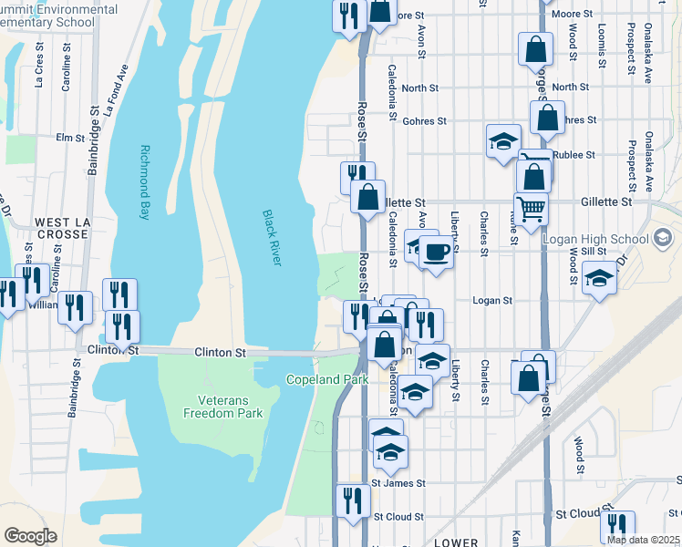 map of restaurants, bars, coffee shops, grocery stores, and more near 1433 Rose Street in La Crosse