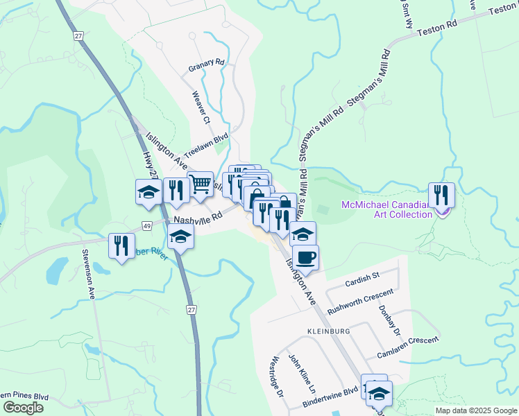 map of restaurants, bars, coffee shops, grocery stores, and more near 10499 Islington Avenue in Vaughan