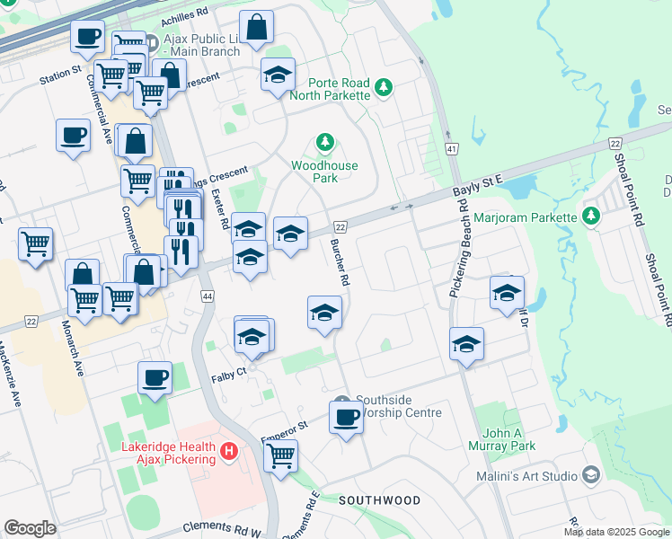map of restaurants, bars, coffee shops, grocery stores, and more near 64 Ambassador Street in Ajax