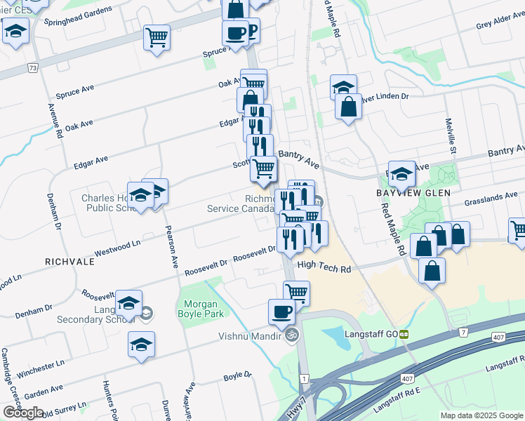 map of restaurants, bars, coffee shops, grocery stores, and more near in Richmond Hill