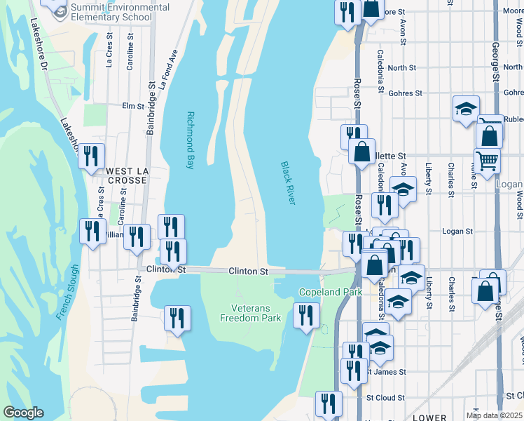 map of restaurants, bars, coffee shops, grocery stores, and more near 1352 Nakomis Avenue in La Crosse