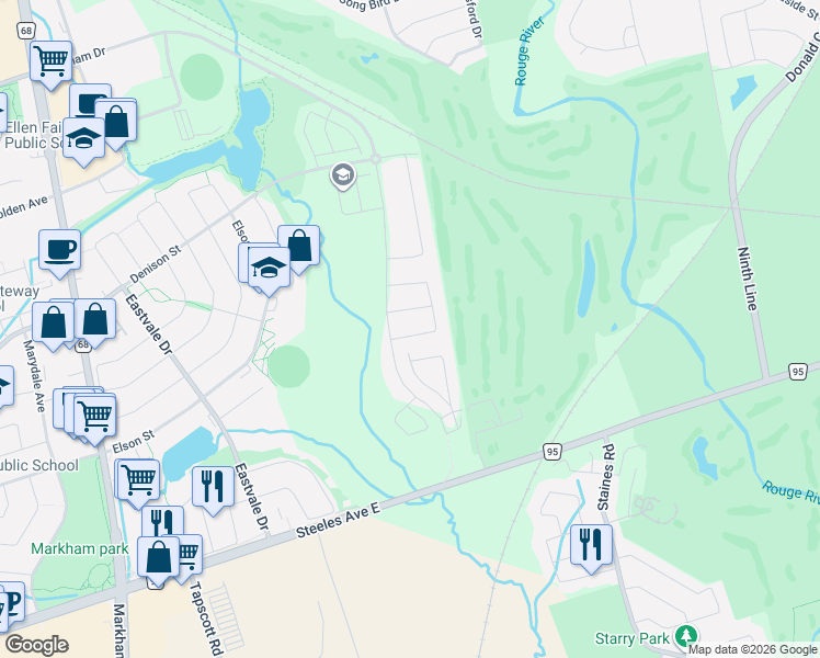 map of restaurants, bars, coffee shops, grocery stores, and more near 14 Titan Trail in Markham