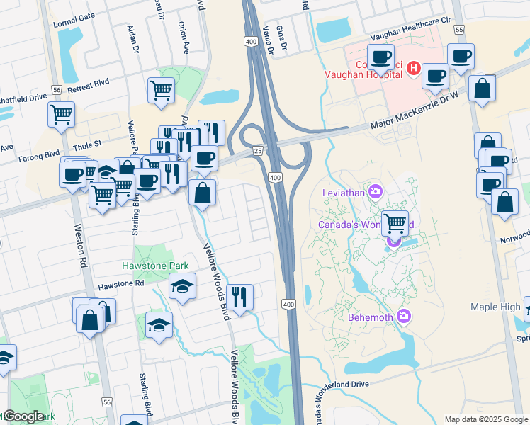 map of restaurants, bars, coffee shops, grocery stores, and more near Carpaccio Drive in Vaughan