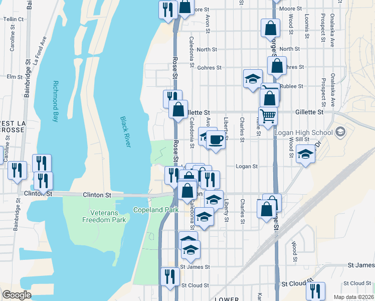 map of restaurants, bars, coffee shops, grocery stores, and more near 1412 Caledonia Street in La Crosse