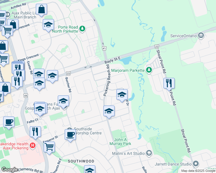 map of restaurants, bars, coffee shops, grocery stores, and more near 101 Pickering Beach Road in Ajax