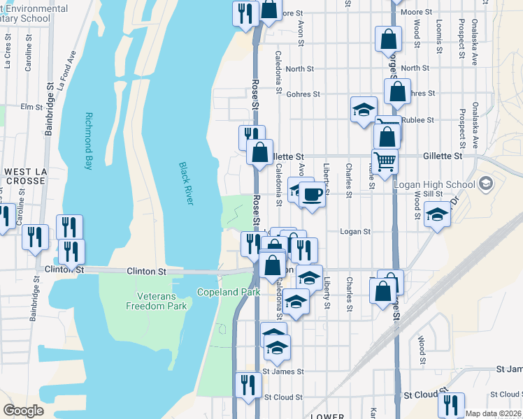 map of restaurants, bars, coffee shops, grocery stores, and more near 1416 Rose Street in La Crosse
