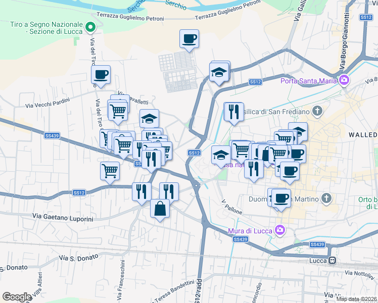 map of restaurants, bars, coffee shops, grocery stores, and more near in Lucca