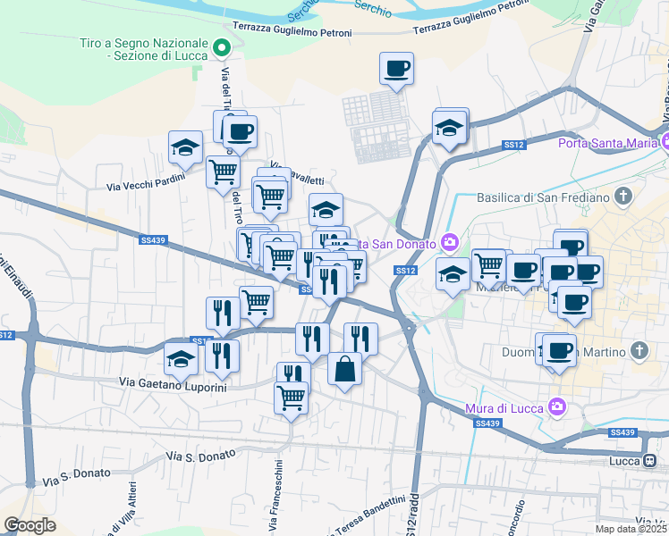 map of restaurants, bars, coffee shops, grocery stores, and more near 28 Via delle Rose in Lucca