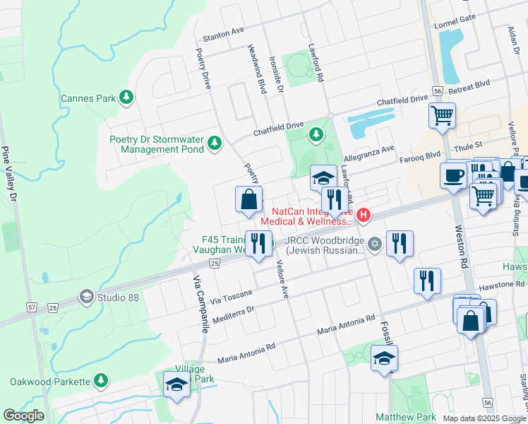 map of restaurants, bars, coffee shops, grocery stores, and more near 41 Poetry Drive in Vaughan