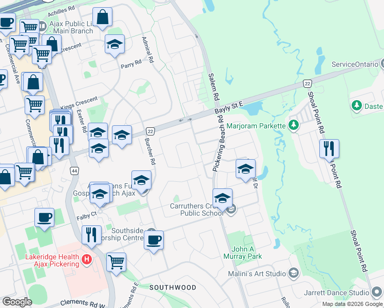map of restaurants, bars, coffee shops, grocery stores, and more near Thorncroft Crescent in Ajax