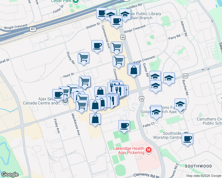 map of restaurants, bars, coffee shops, grocery stores, and more near 41 Cullcastle Street in Ajax