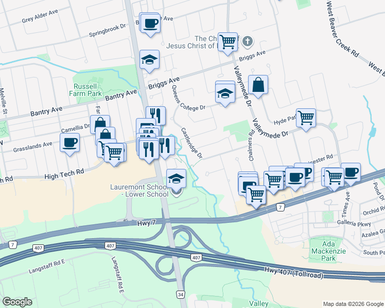 map of restaurants, bars, coffee shops, grocery stores, and more near in Richmond Hill