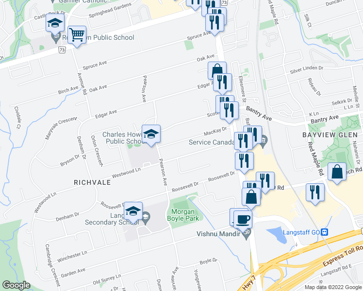 map of restaurants, bars, coffee shops, grocery stores, and more near 27 Mackay Drive in Richmond Hill