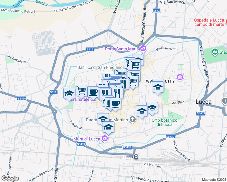 map of restaurants, bars, coffee shops, grocery stores, and more near in Lucca