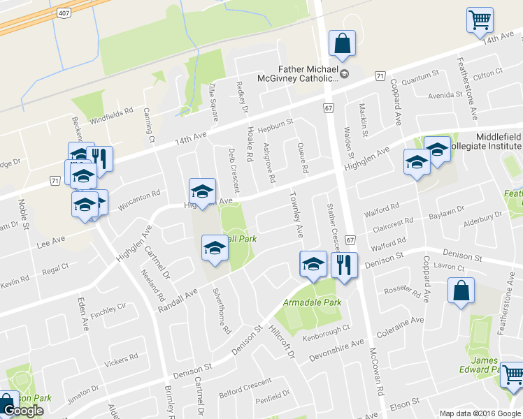 map of restaurants, bars, coffee shops, grocery stores, and more near 83 Kyla Crescent in Markham